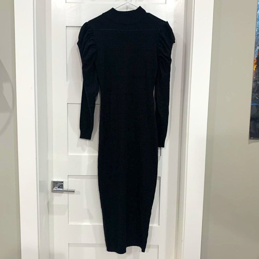 black shoulder puff long sleeve dress